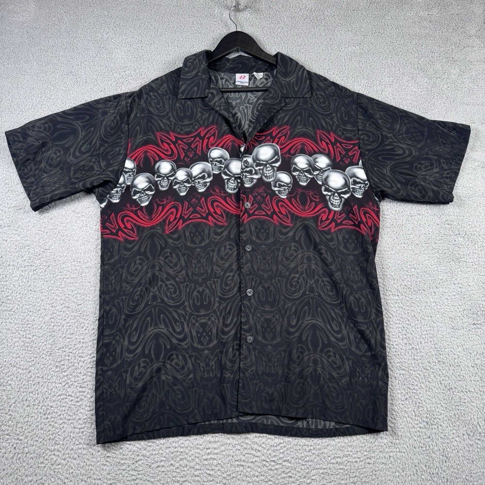 Vtg Y2k Anchor Blue Shirt Mens Large Skull Flames Tribal Oversize Skater Grunge
